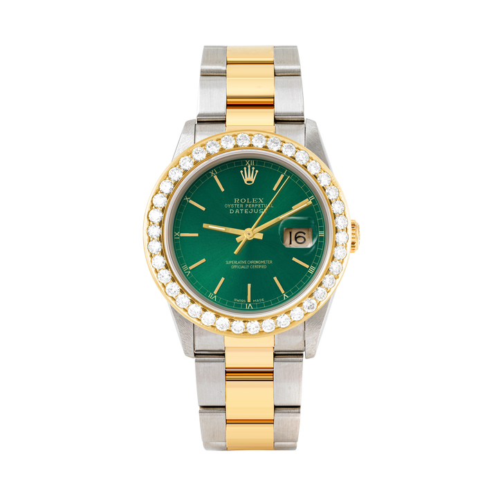 Rolex Datejust 36mm TWO TONE 16233  Green Dial | Stick Hour Markers | 2.5ct Diamond Bezel