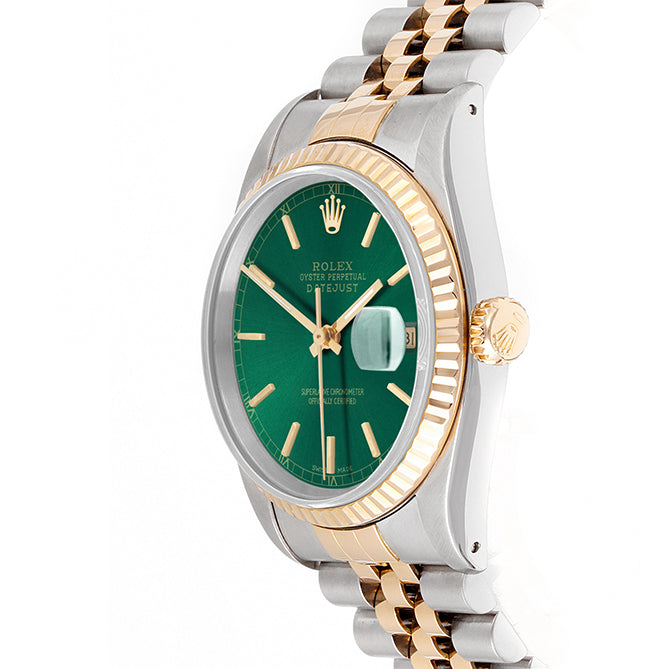 Rolex Datejust 36mm TWO TONE 16233 Green  Dial | Stick  Hour Markers | Fluted Bezel