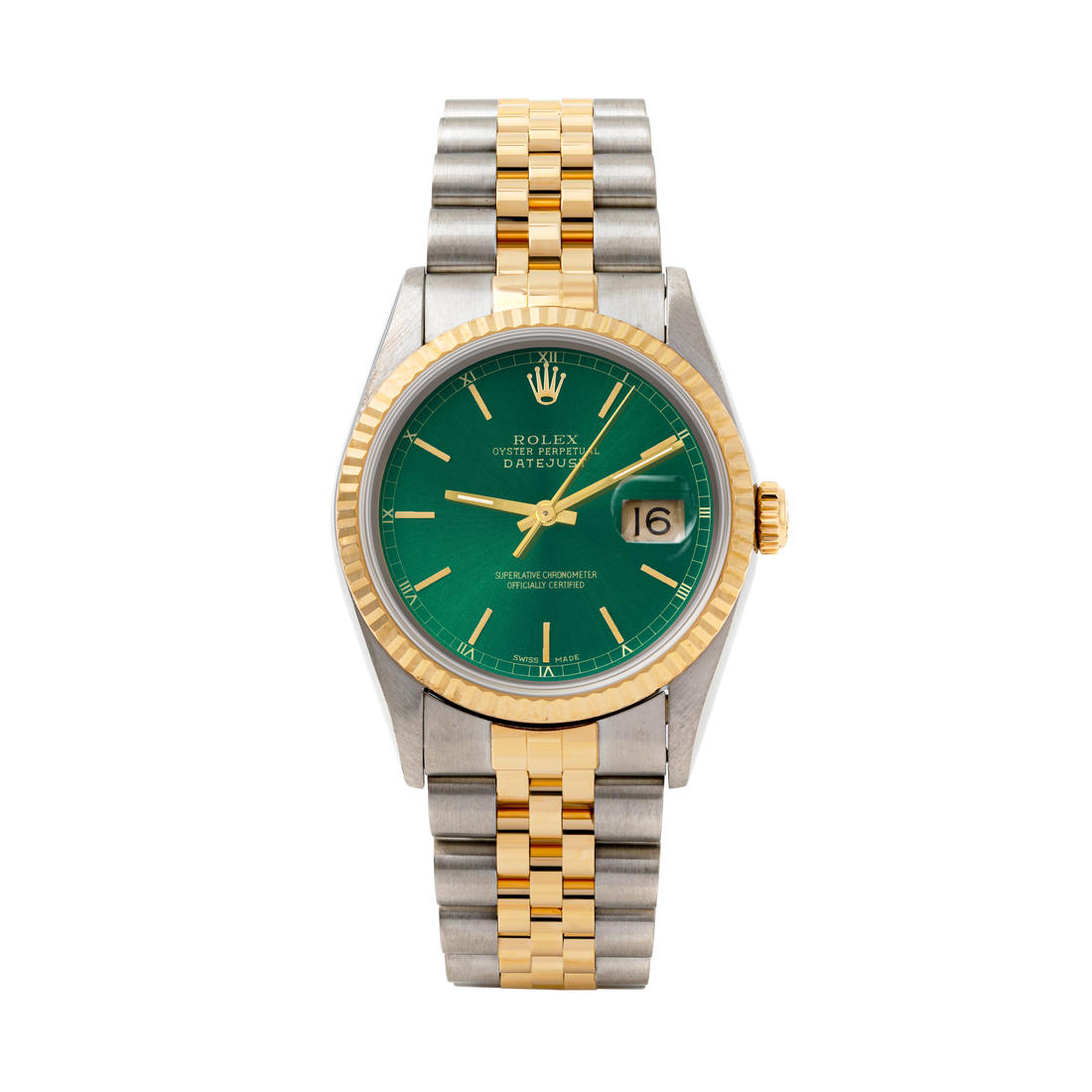 Rolex Datejust 36mm TWO TONE 16233 Green  Dial | Stick  Hour Markers | Fluted Bezel