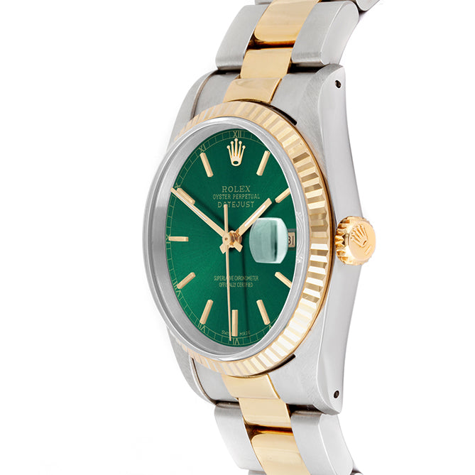 Rolex Datejust 36mm TWO TONE 16233 Green Dial | Diamond  Hour Markers | Fluted Bezel
