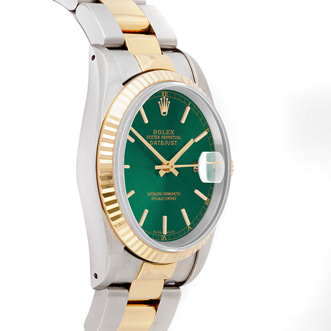 Rolex Datejust 36mm TWO TONE 16233 Green Dial | Diamond  Hour Markers | Fluted Bezel