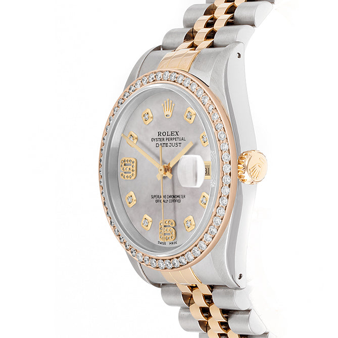 Rolex Datejust 36mm TWO TONE 16233 Mop Dial |  6&9 Diamond  Hour Markers | 1ct Diamond Bezel
