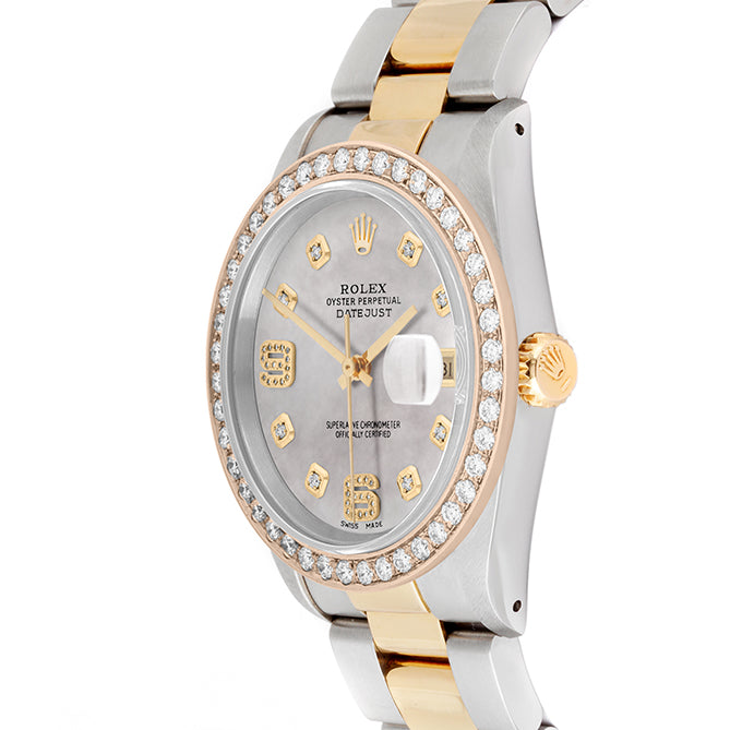 Rolex Datejust 36mm TWO TONE 16233 Mop  Dial |  6&9 Diamond  Hour Markers | 2ct Diamond Bezel