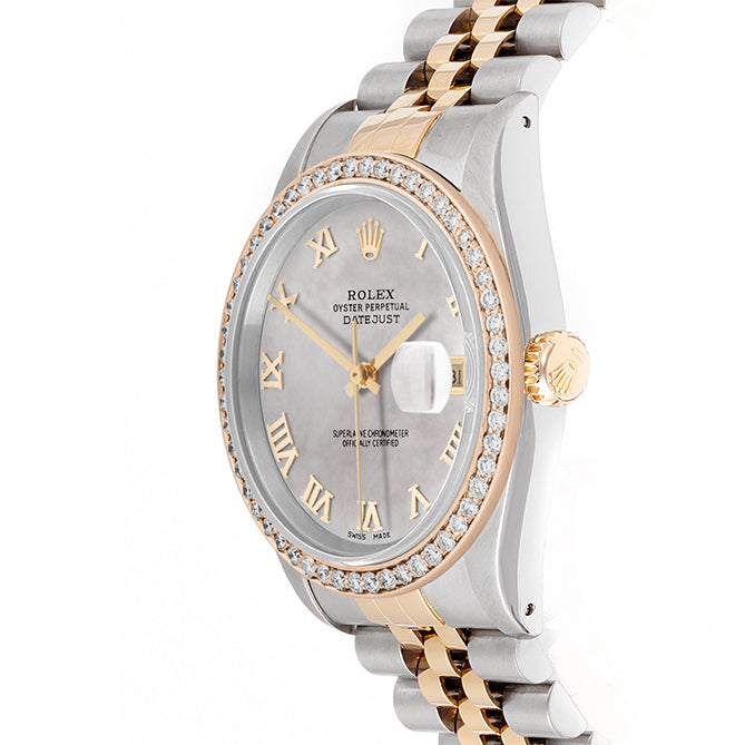 Rolex Datejust 36mm TWO TONE 16233 Mop Dial | Roman Hour Markers | 1ct Diamond Bezel