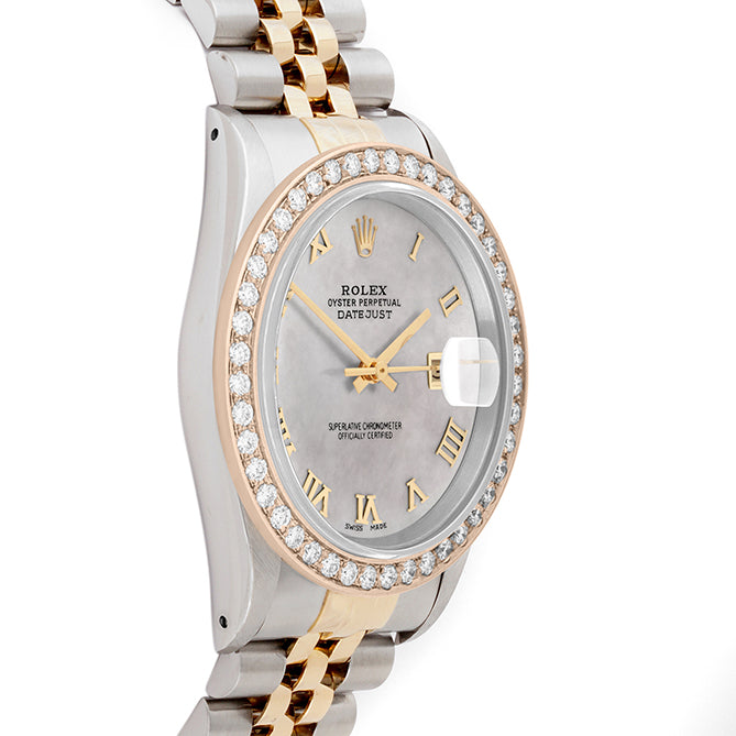 Rolex Datejust 36mm TWO TONE 16233  Mop  Dial | Roman Hour Markers | 2ct Diamond Bezel