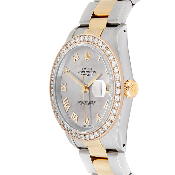 Rolex Datejust 36mm TWO TONE 16233  Mop  Dial | Roman Hour Markers | 2ct Diamond Bezel