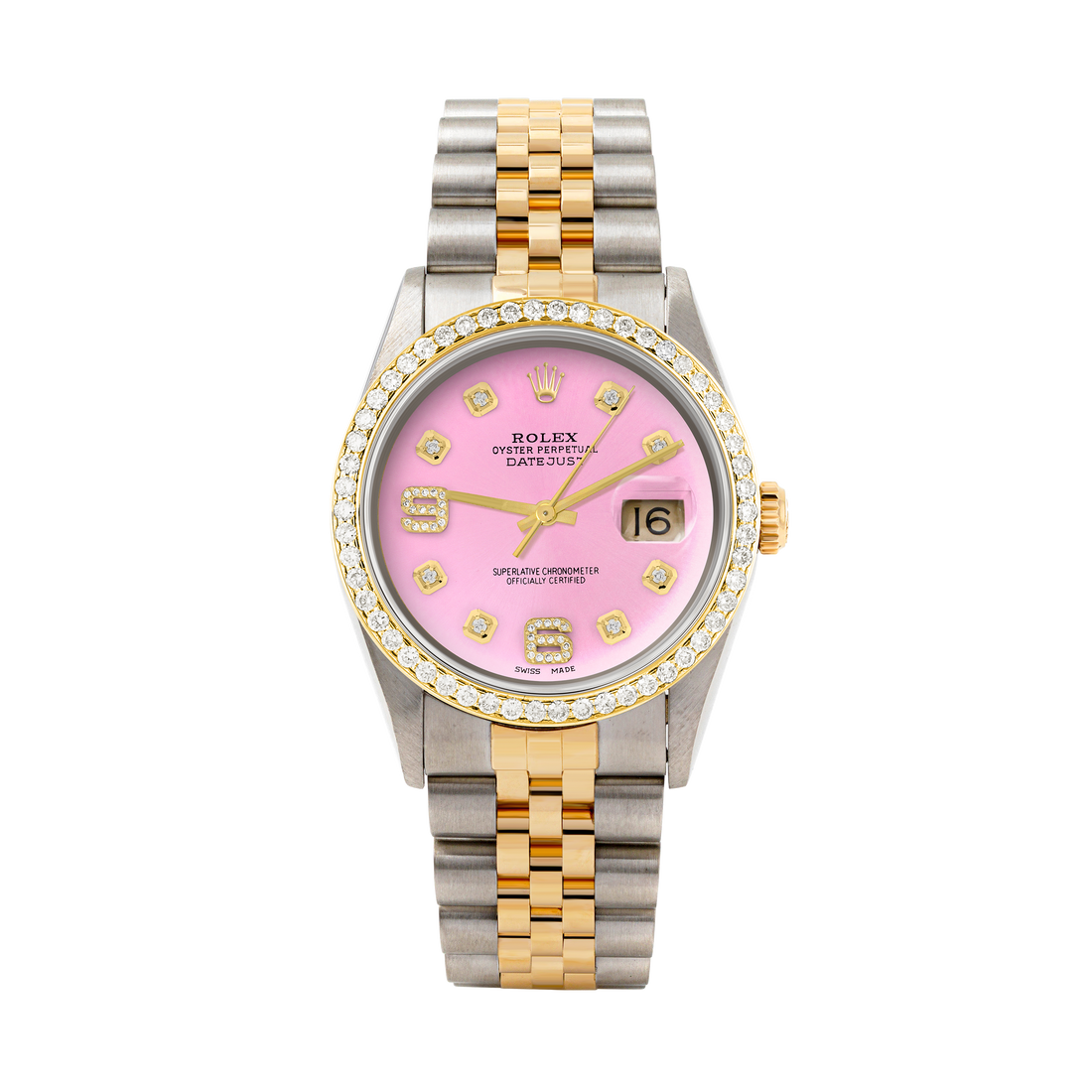Rolex Datejust 36mm TWO TONE 16233 Pink Dial |  6&9 Diamond  Hour Markers | 1ct Diamond Bezel