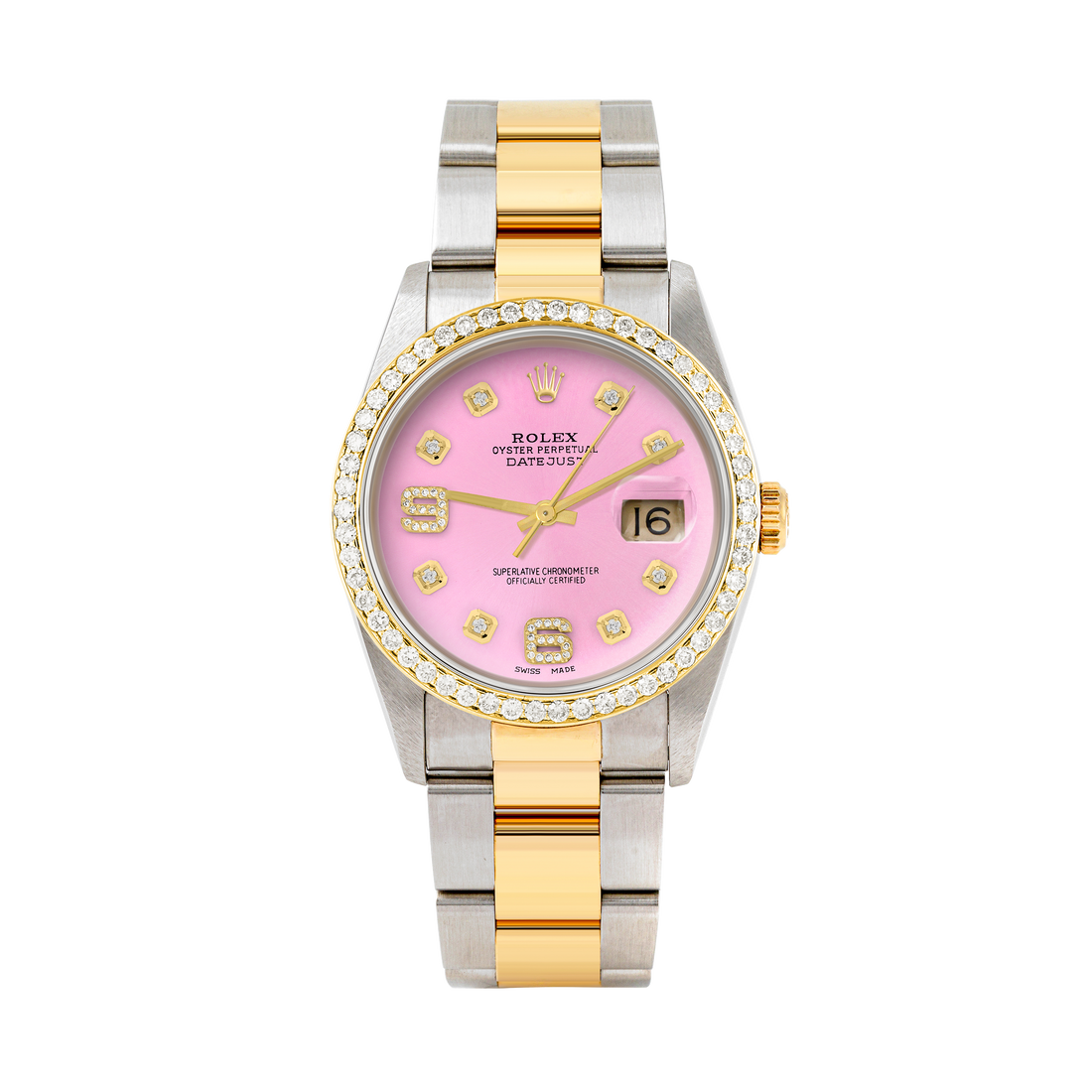 Rolex Datejust 36mm TWO TONE 16233 Pink Dial |  6&9 Diamond  Hour Markers | 1ct Diamond Bezel