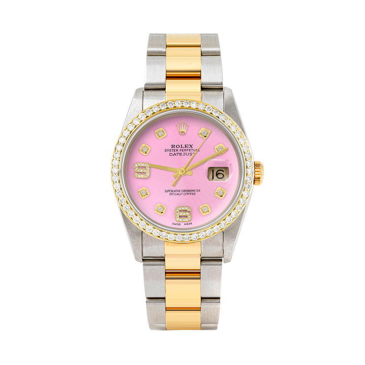 Rolex Datejust 36mm TWO TONE 16233 Pink Dial |  6&9 Diamond  Hour Markers | 1ct Diamond Bezel