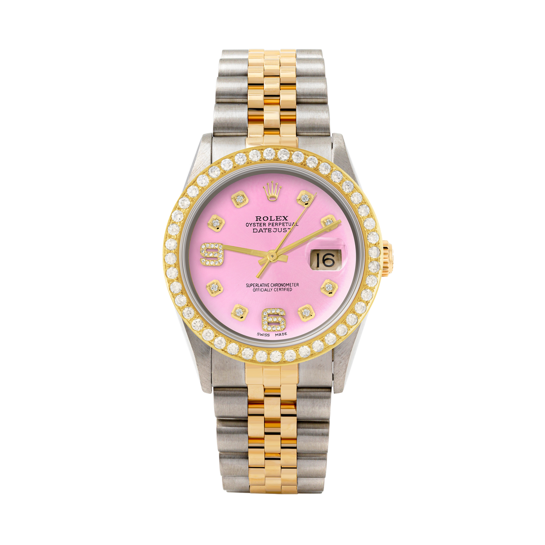 Rolex Datejust 36mm TWO TONE 16233 Pink  Dial |  6&9 Diamond  Hour Markers | 2ct Diamond Bezel
