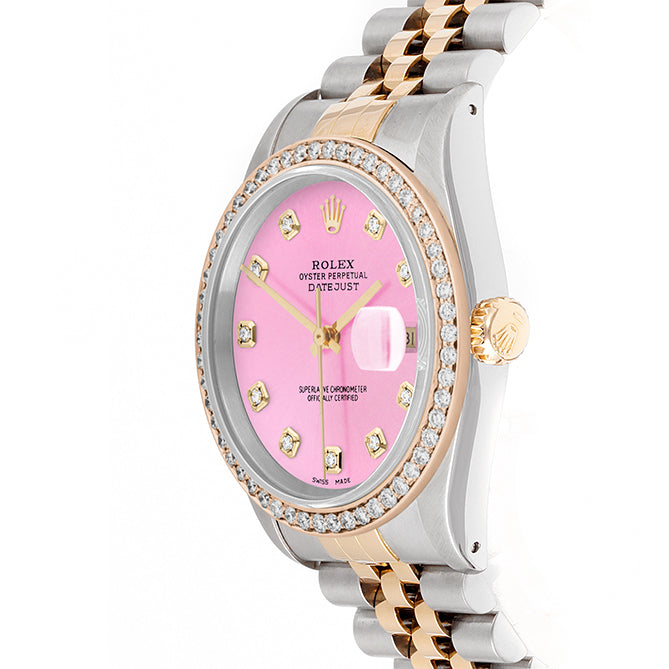 Rolex Datejust 36mm TWO TONE 16233 Pink Dial |  Diamond Hour Markers | 1ct Diamond Bezel