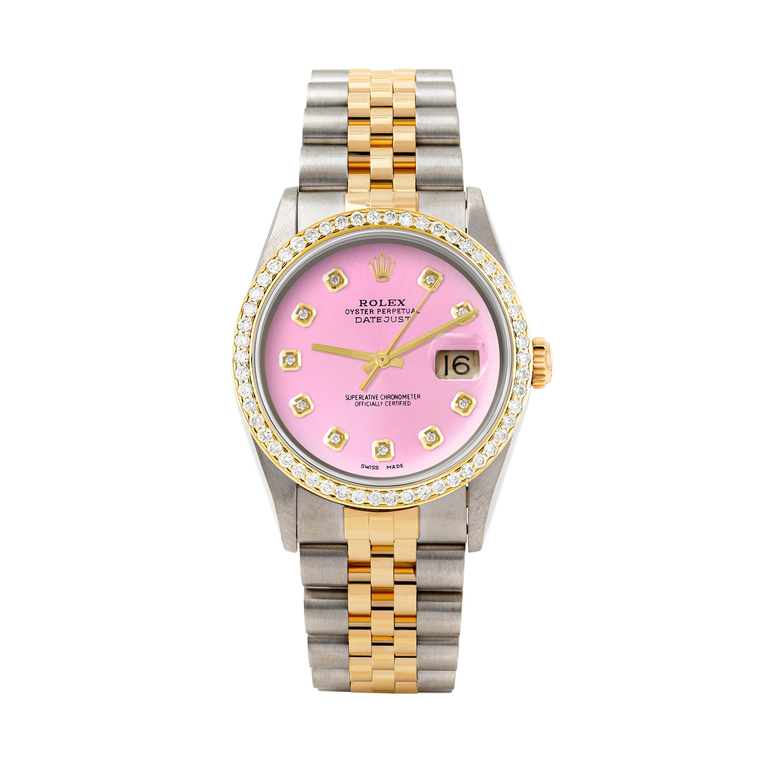 Rolex Datejust 36mm TWO TONE 16233 Pink Dial |  Diamond Hour Markers | 1ct Diamond Bezel