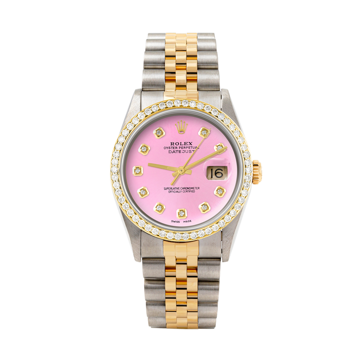 Rolex Datejust 36mm TWO TONE 16233 Pink Dial |  Diamond Hour Markers | 1ct Diamond Bezel