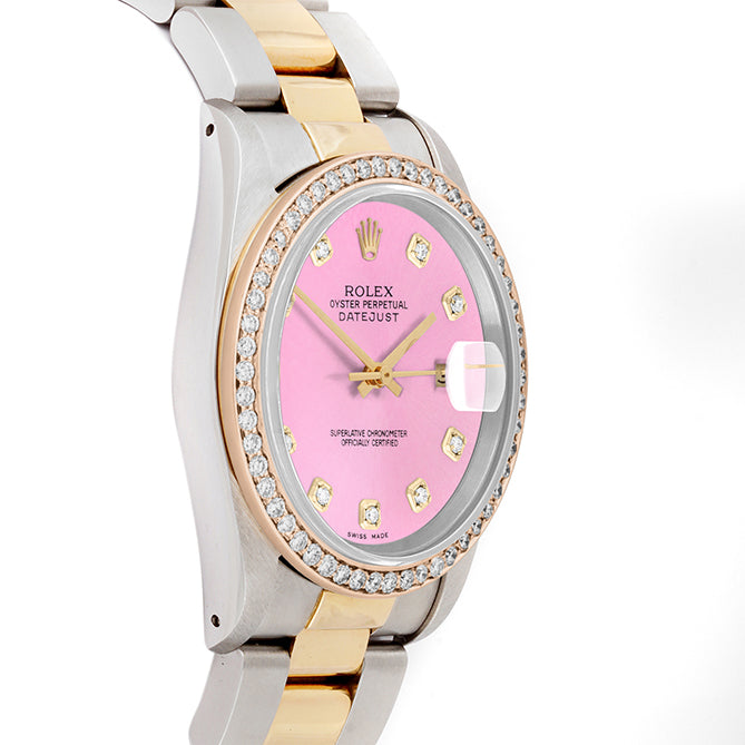 Rolex Datejust 36mm TWO TONE 16233 Pink Dial |  Diamond Hour Markers | 1ct Diamond Bezel