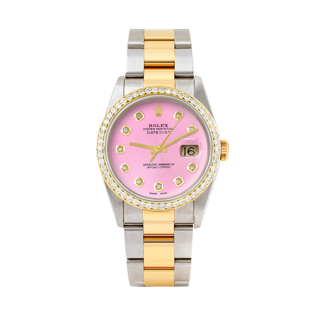 Rolex Datejust 36mm TWO TONE 16233 Pink Dial |  Diamond Hour Markers | 1ct Diamond Bezel
