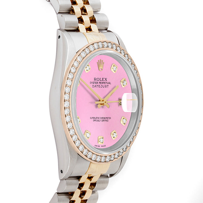 Rolex Datejust 36mm TWO TONE 16233 Pink Dial | Diamond  Hour Markers | 1.8ct Diamond Bezel
