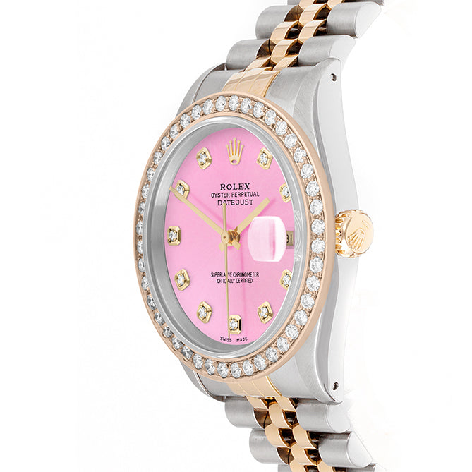 Rolex Datejust 36mm TWO TONE 16233 Pink Dial | Diamond Hour Markers | 2ct Diamond Bezel