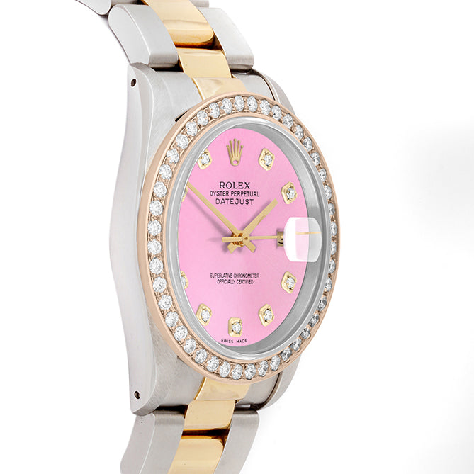 Rolex Datejust 36mm TWO TONE 16233 Pink Dial | Diamond Hour Markers | 2ct Diamond Bezel
