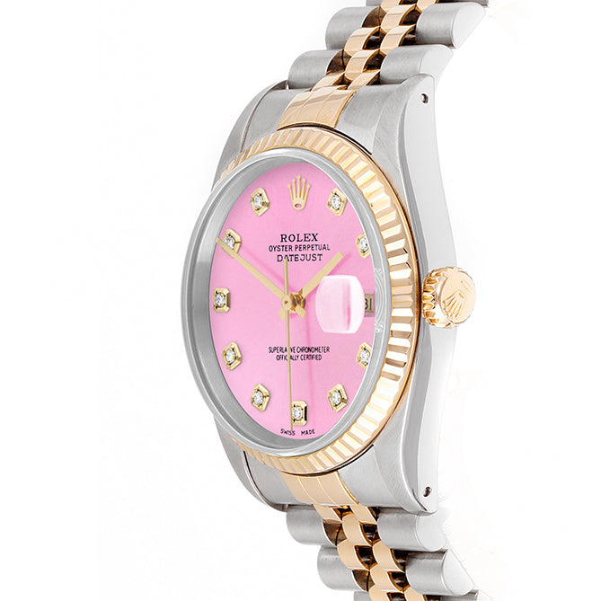 Rolex Datejust 36mm TWO TONE 16233 Pink Dial | Diamond  Hour Markers | Fluted Bezel