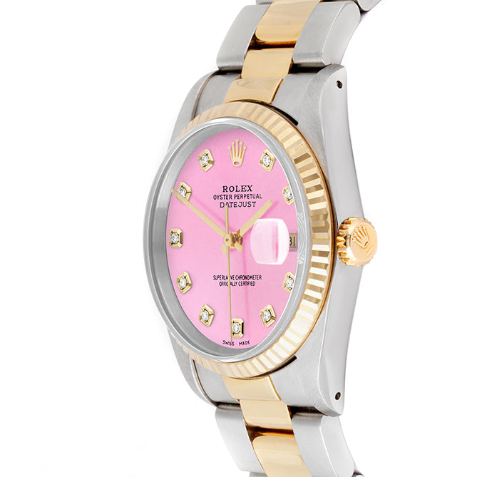 Rolex Datejust 36mm TWO TONE 16233 Pink Dial | Diamond  Hour Markers | Fluted Bezel