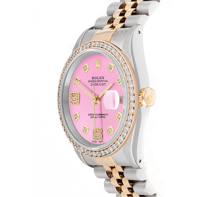 Rolex Datejust 36mm TWO TONE 16233 Pink Dial |  6&9 Diamond  Hour Markers | 1ct Diamond Bezel