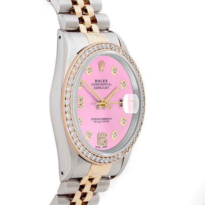 Rolex Datejust 36mm TWO TONE 16233 Pink Dial |  6&9 Diamond  Hour Markers | 1ct Diamond Bezel