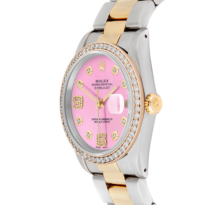 Rolex Datejust 36mm TWO TONE 16233 Pink Dial |  6&9 Diamond  Hour Markers | 1ct Diamond Bezel
