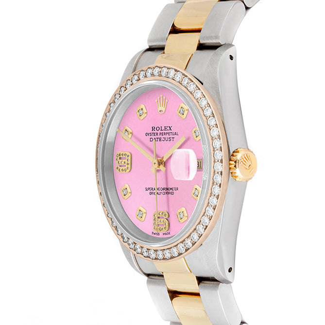 Rolex Datejust 36mm TWO TONE 16233 Pink Dial | 6&9 Diamond Hour Markers | 1.8ct Diamond Bezel