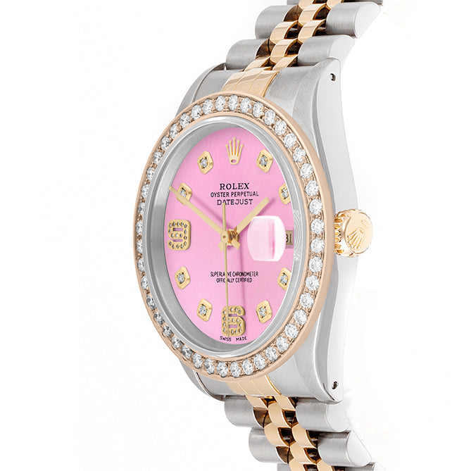 Rolex Datejust 36mm TWO TONE 16233 Pink  Dial |  6&9 Diamond  Hour Markers | 2ct Diamond Bezel