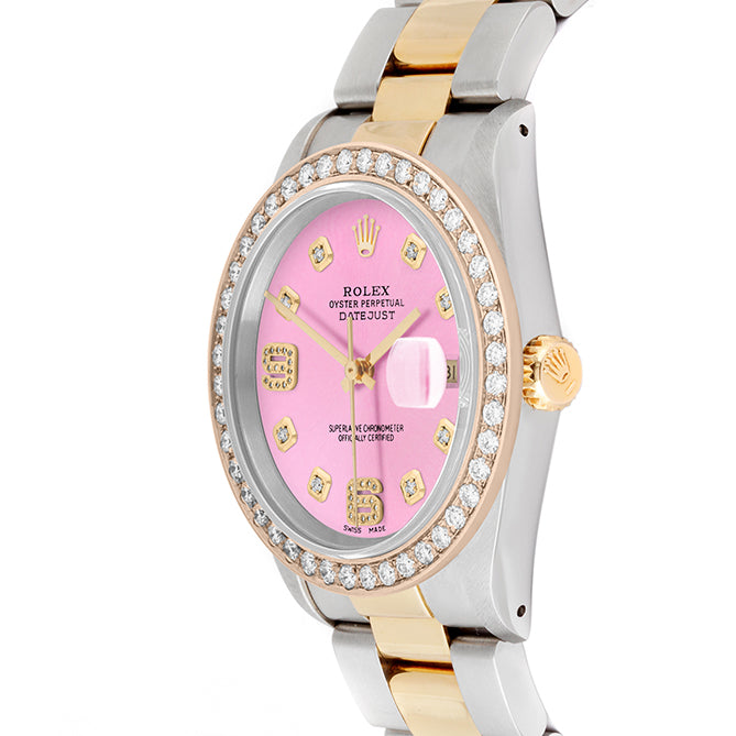Rolex Datejust 36mm TWO TONE 16233 Pink  Dial |  6&9 Diamond  Hour Markers | 2ct Diamond Bezel