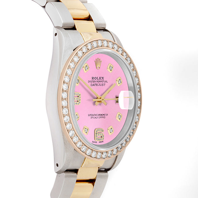 Rolex Datejust 36mm TWO TONE 16233 Pink  Dial |  6&9 Diamond  Hour Markers | 2ct Diamond Bezel