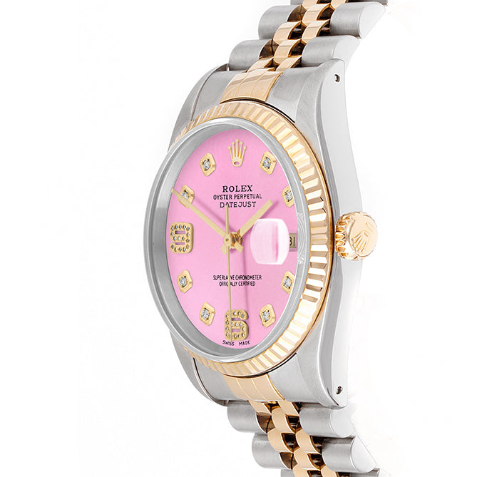 Rolex Datejust 36mm TWO TONE 16233 Pink Dial | 6&9 Diamond  Hour Markers | Fluted Bezel