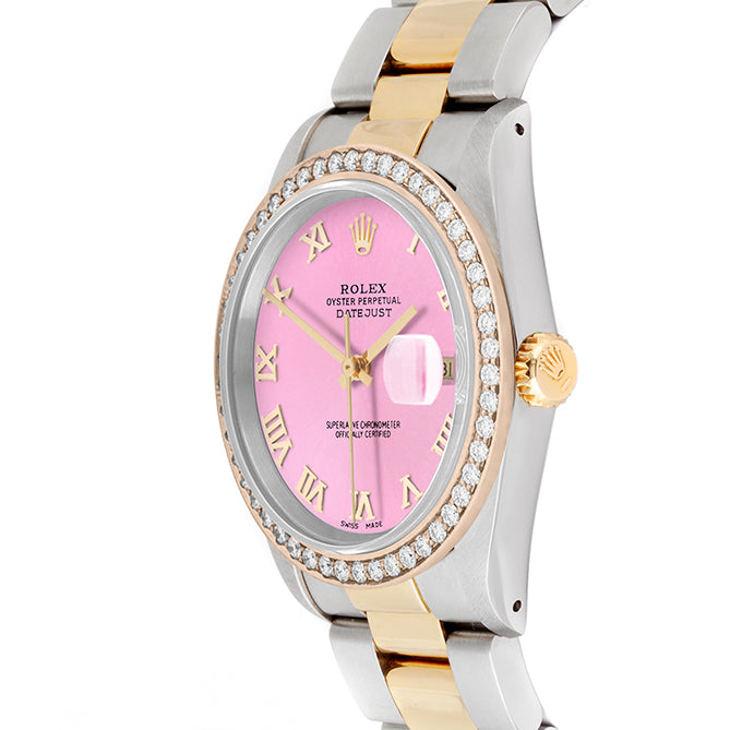 Rolex Datejust 36mm TWO TONE 16233 Pink Dial | Roman Hour Markers | 1.8ct Diamond Bezel