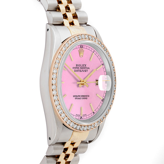 Rolex Datejust 36mm TWO TONE 16233 Pink Dial |  Stick Hour Markers | 1ct Diamond Bezel