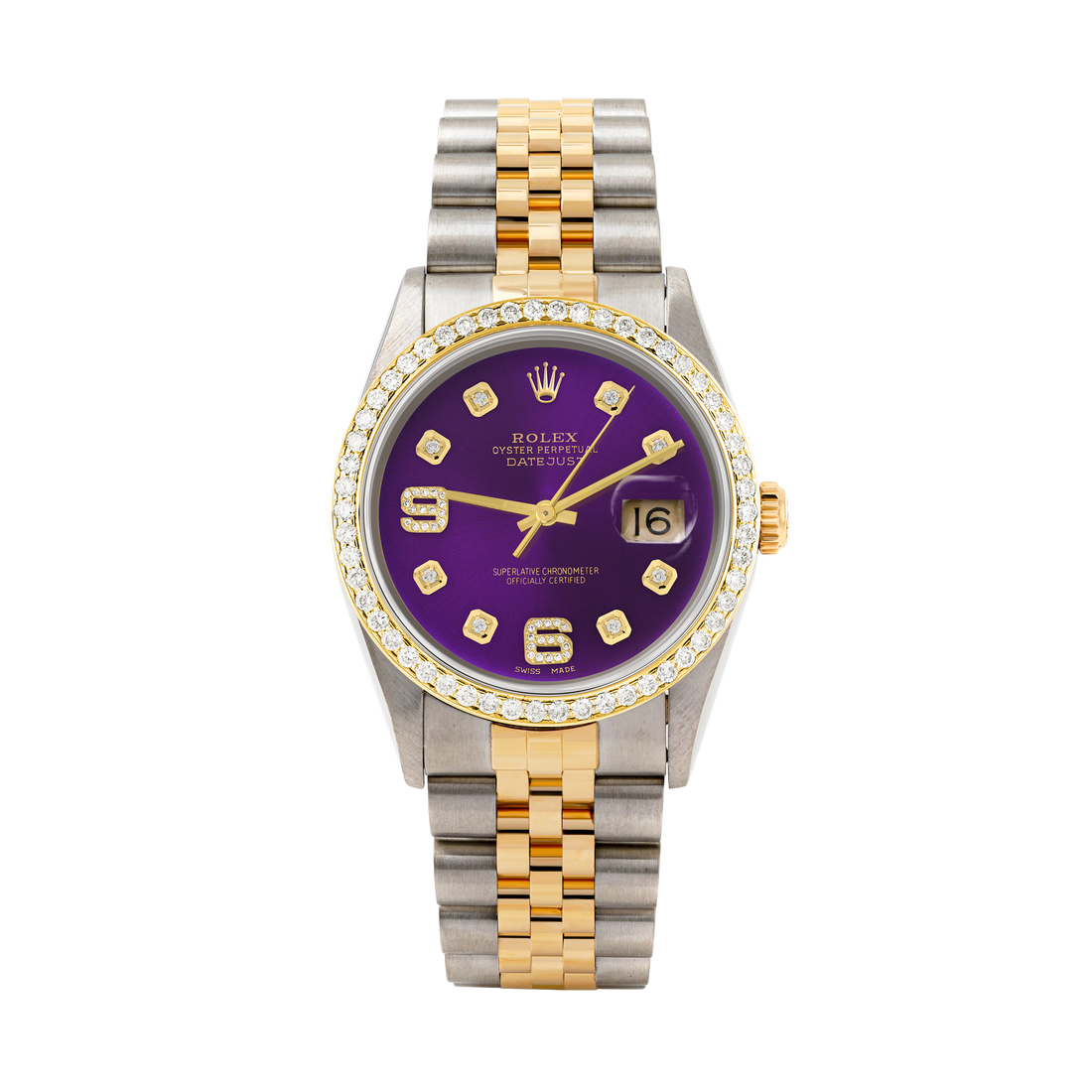 Rolex Datejust 36mm TWO TONE 16233 Purple Dial |  6&9 Diamond  Hour Markers | 1ct Diamond Bezel