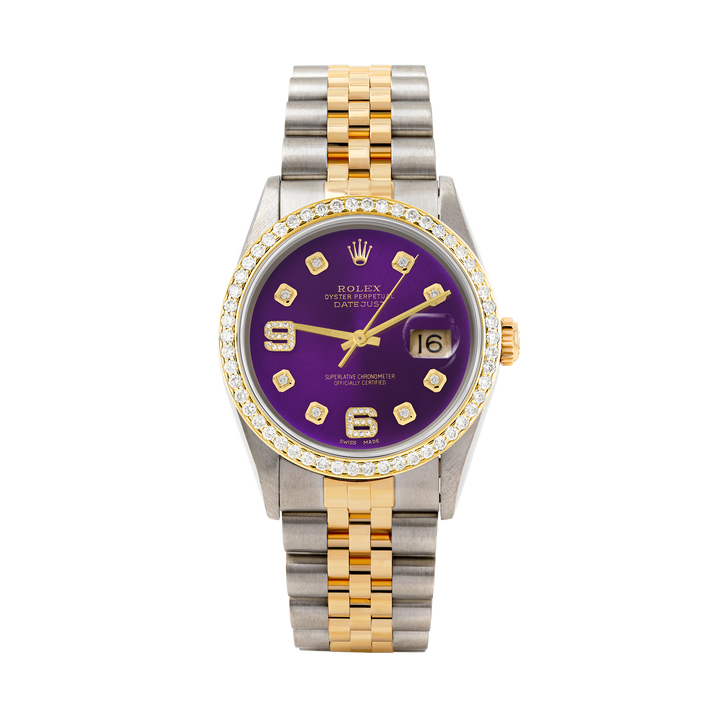 Rolex Datejust 36mm TWO TONE 16233 Purple Dial |  6&9 Diamond  Hour Markers | 1ct Diamond Bezel