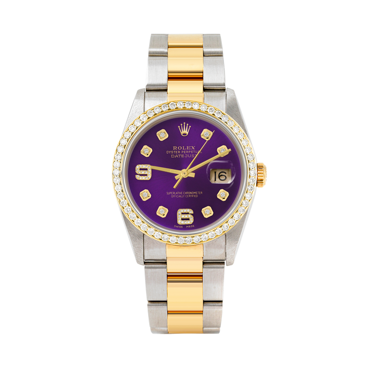 Rolex Datejust 36mm TWO TONE 16233 Purple Dial |  6&9 Diamond  Hour Markers | 1ct Diamond Bezel