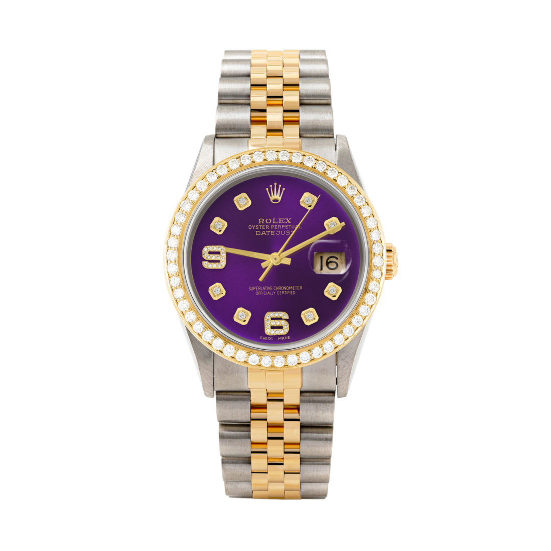 Rolex Datejust 36mm TWO TONE 16233 Purple  Dial | 6&9 Diamond Hour Markers | 1.8ct Diamond Bezel
