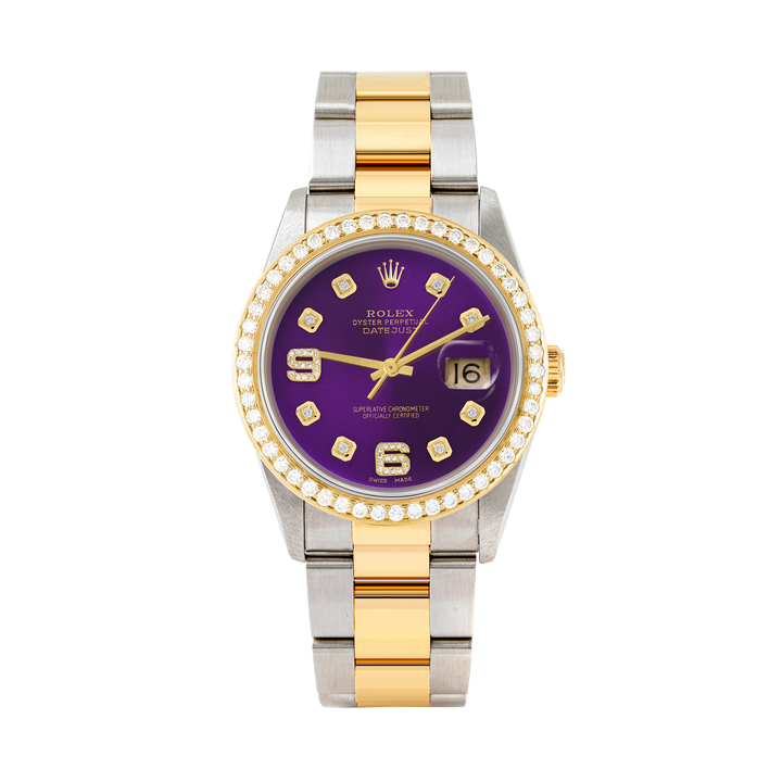 Rolex Datejust 36mm TWO TONE 16233 Purple  Dial | 6&9 Diamond Hour Markers | 1.8ct Diamond Bezel