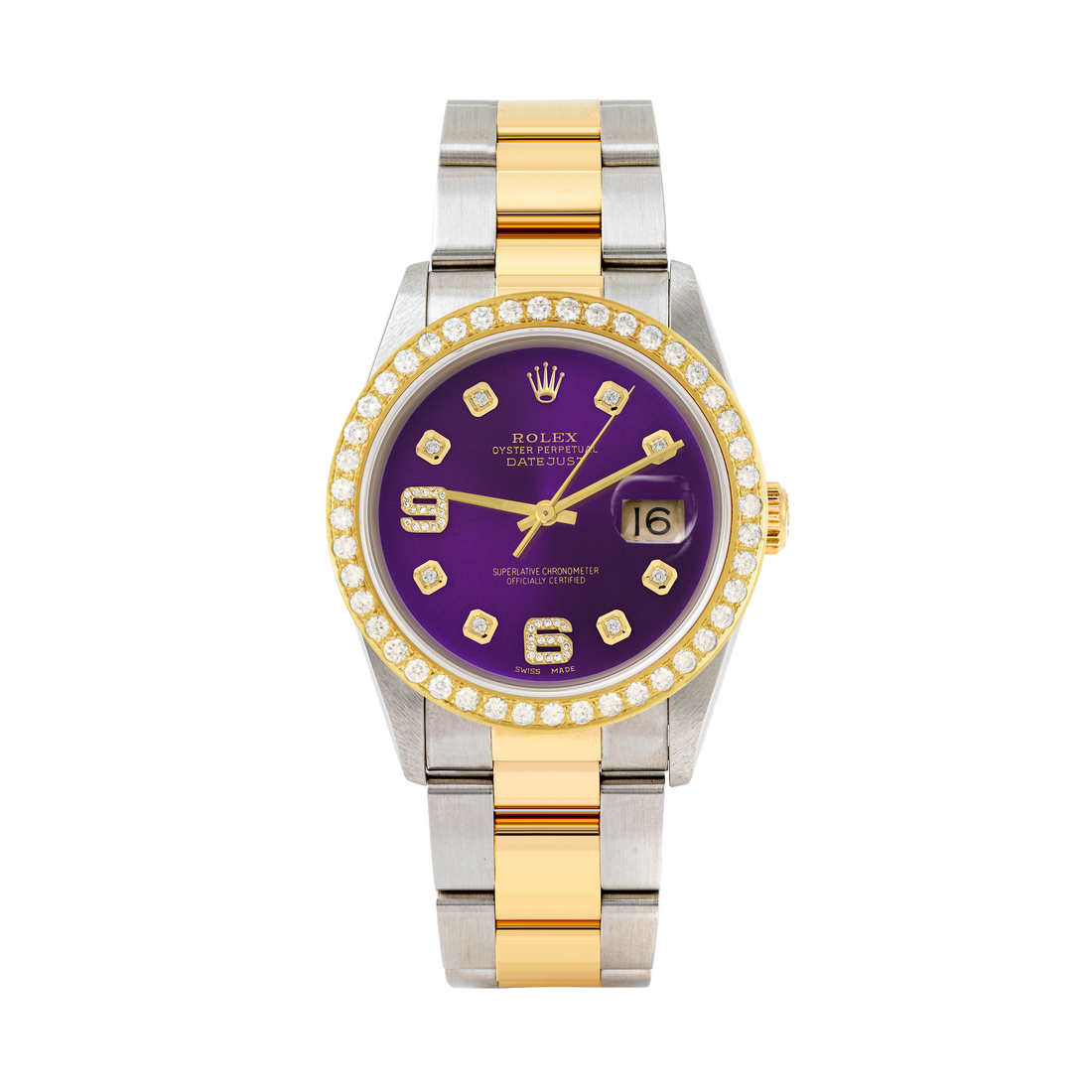 Rolex Datejust 36mm TWO TONE 16233 Purple  Dial |  6&9 Diamond  Hour Markers | 2ct Diamond Bezel