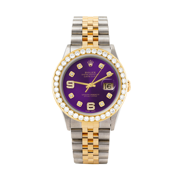 Rolex Datejust 36mm TWO TONE 16233 Purple Dial | 6&9 Diamond Hour Markers | 2.5ct Diamond Bezel