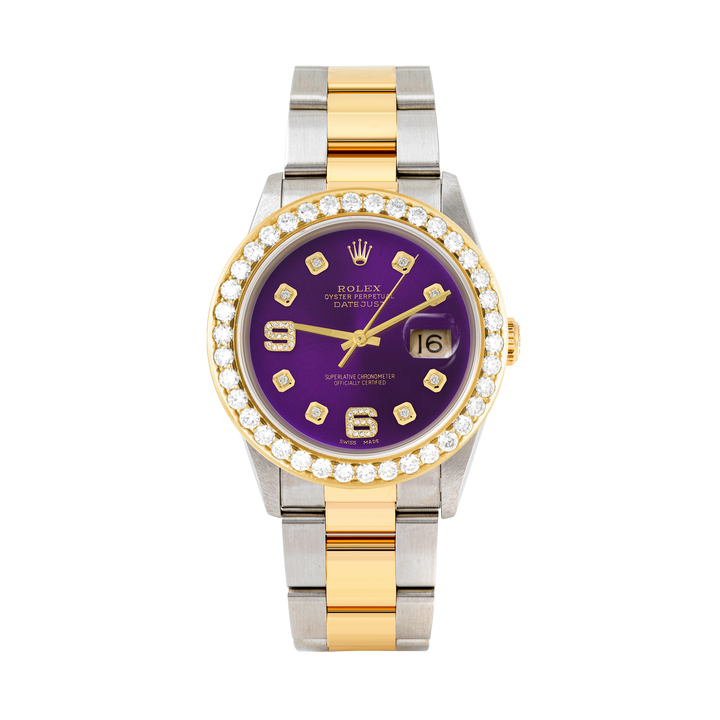 Rolex Datejust 36mm TWO TONE 16233 Purple Dial | 6&9 Diamond Hour Markers | 2.5ct Diamond Bezel