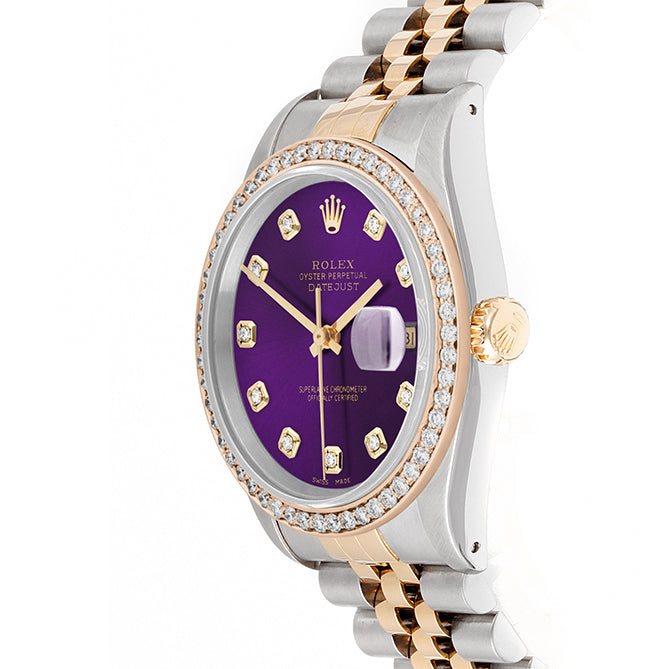 Rolex Datejust 36mm TWO TONE 16233 Purple  Dial |  Diamond Hour Markers | 1ct Diamond Bezel