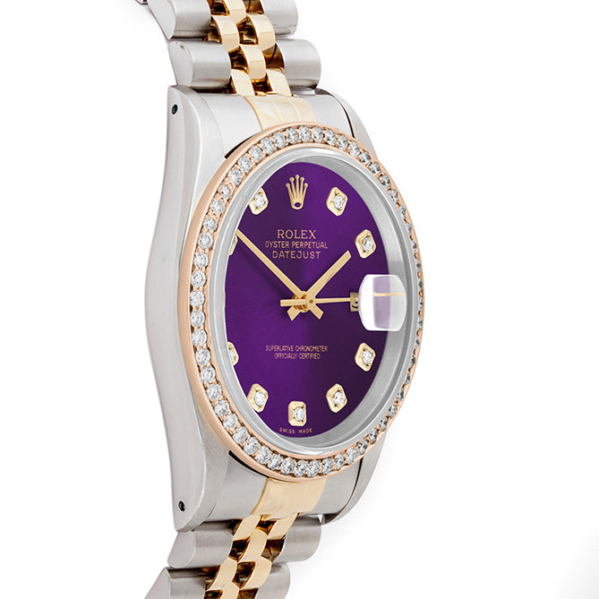 Rolex Datejust 36mm TWO TONE 16233 Purple  Dial |  Diamond Hour Markers | 1ct Diamond Bezel