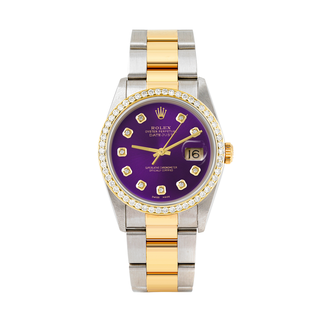Rolex Datejust 36mm TWO TONE 16233 Purple  Dial |  Diamond Hour Markers | 1ct Diamond Bezel