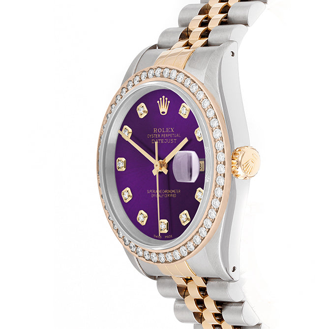 Rolex Datejust 36mm TWO TONE 16233 Purple Dial | Diamond  Hour Markers | 1.8ct Diamond Bezel