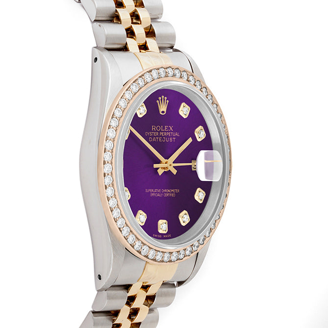 Rolex Datejust 36mm TWO TONE 16233 Purple Dial | Diamond  Hour Markers | 1.8ct Diamond Bezel