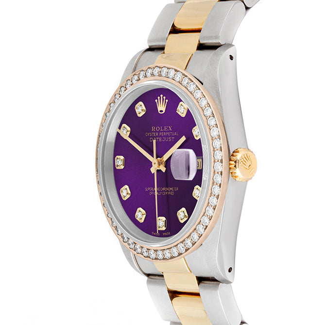 Rolex Datejust 36mm TWO TONE 16233 Purple Dial | Diamond  Hour Markers | 1.8ct Diamond Bezel