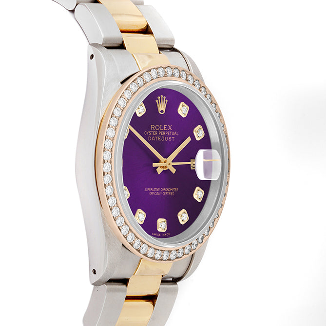 Rolex Datejust 36mm TWO TONE 16233 Purple Dial | Diamond  Hour Markers | 1.8ct Diamond Bezel