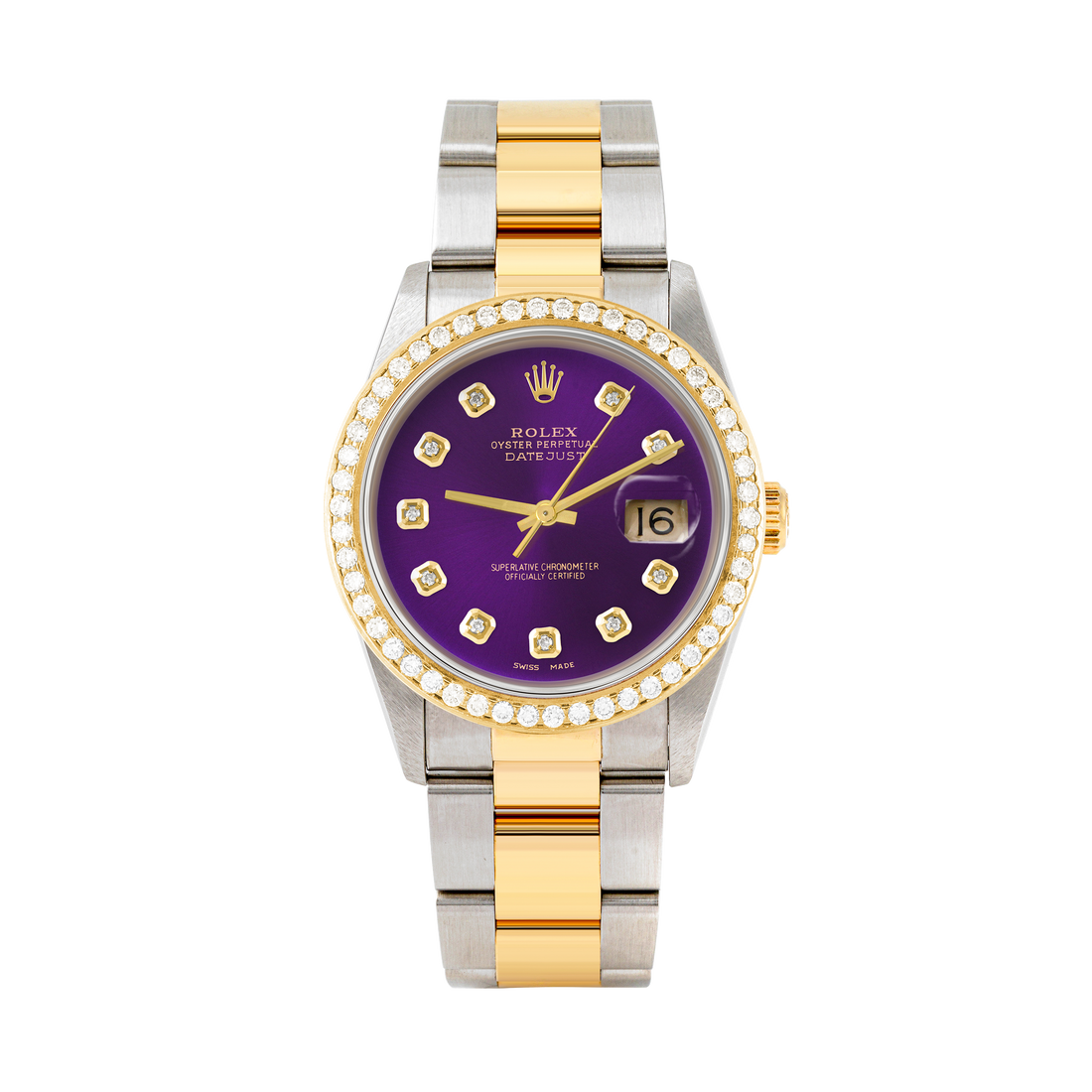 Rolex Datejust 36mm TWO TONE 16233 Purple Dial | Diamond  Hour Markers | 1.8ct Diamond Bezel